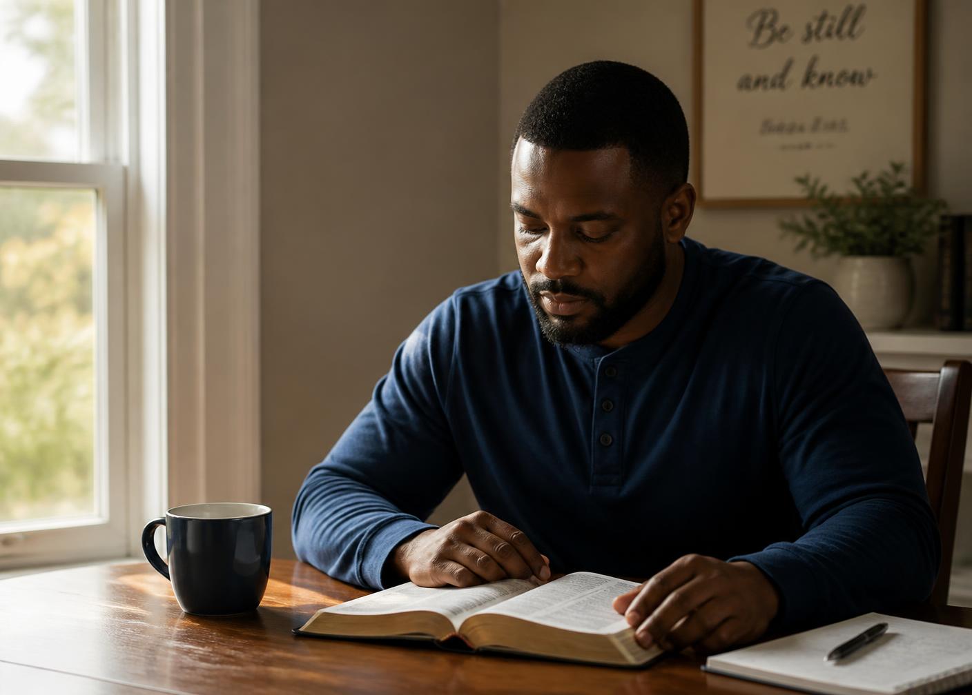 A Black man reading an open Bible at a sunlit table during a quiet morning devotional