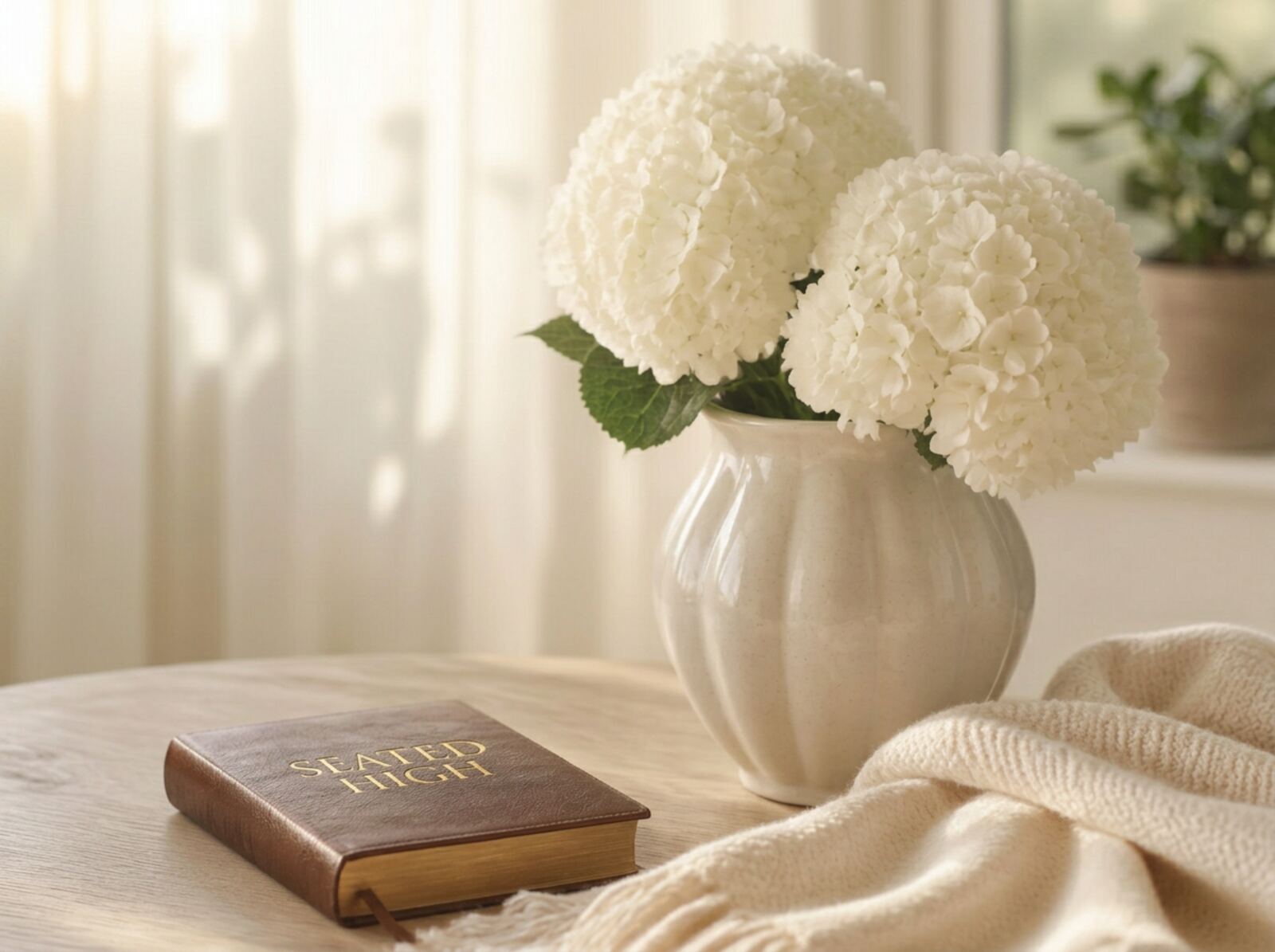A Black woman resting by a sunlit window with an open Bible and white flowers beside her