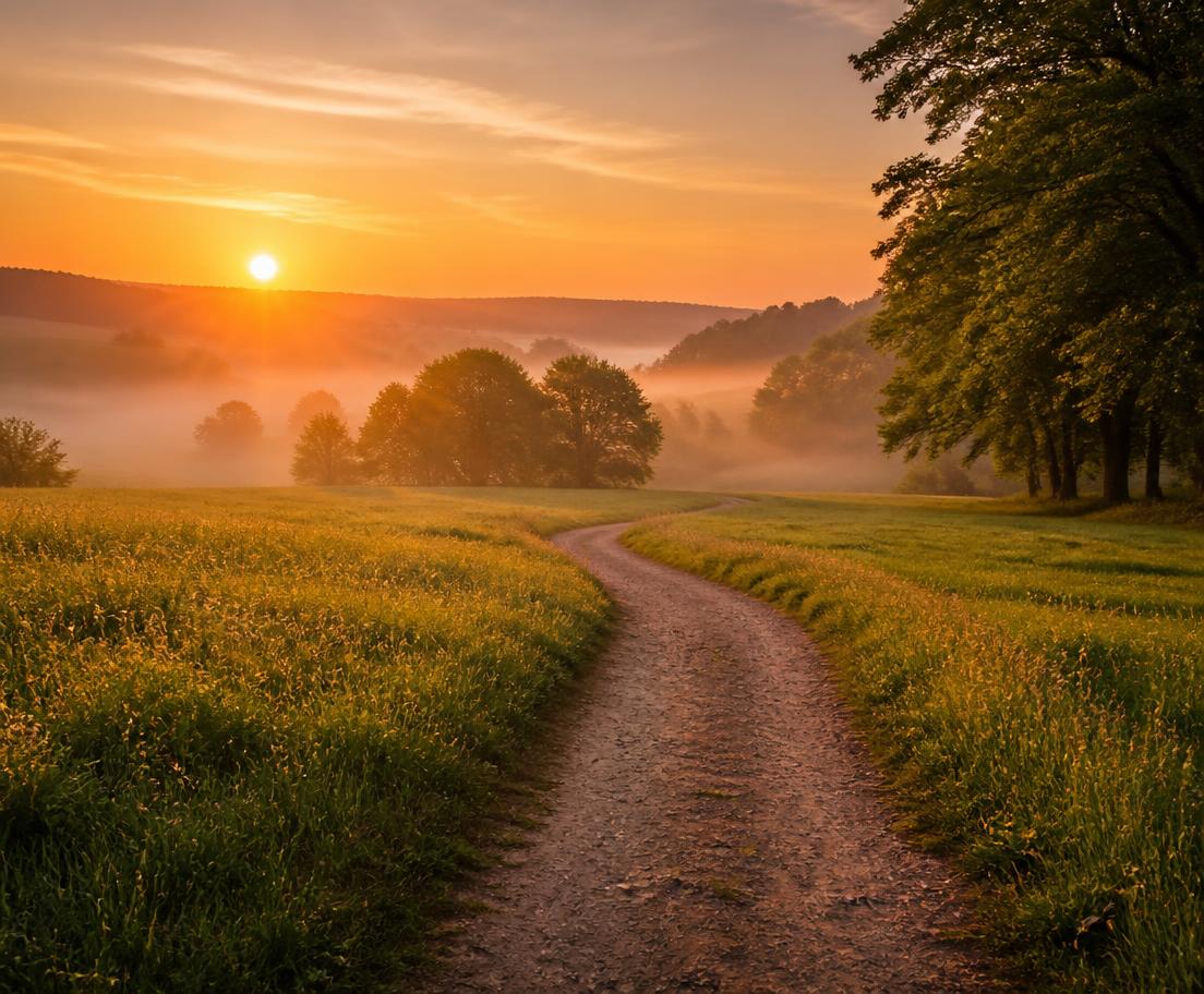 A winding path through a meadow leading toward a golden sunrise